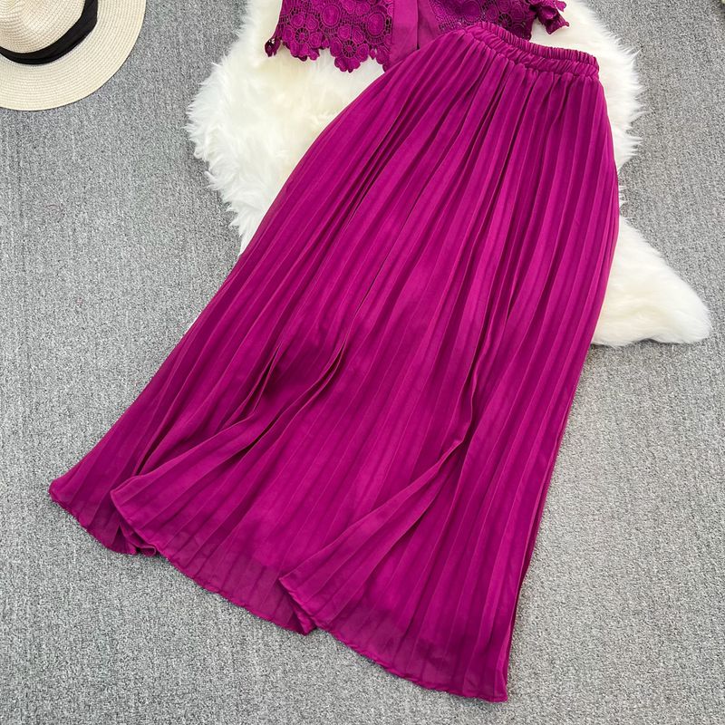 Ensemble deux pièces pour femme, léger et luxueux, chemise ample à simple boutonnage en dentelle et jupe plissée taille haute, élégant_voghion.com