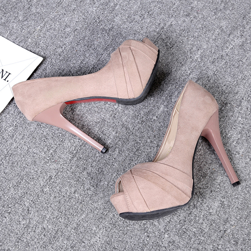 Fish Waterproof Platform High Heels 2023 Spring New Fine Heel Suede Sandals Shallow Mouth Women's Shoes_voghion.com