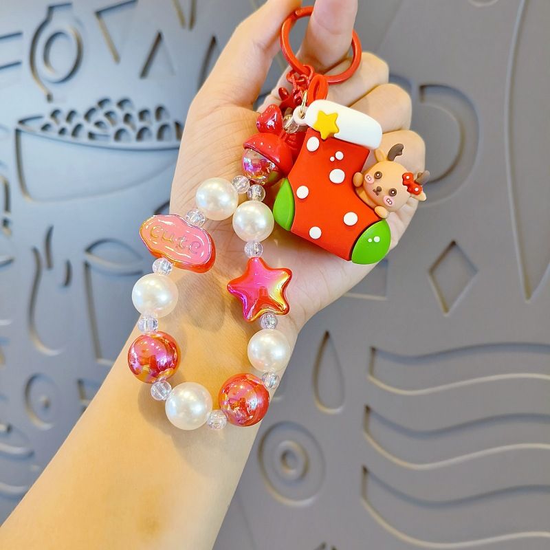 Nuovo portachiavi di Natale con ciondolo a forma di bambola, catena per telefono di Babbo Natale fai da te con ciondolo per borsa con perline fatto a mano_voghion.com
