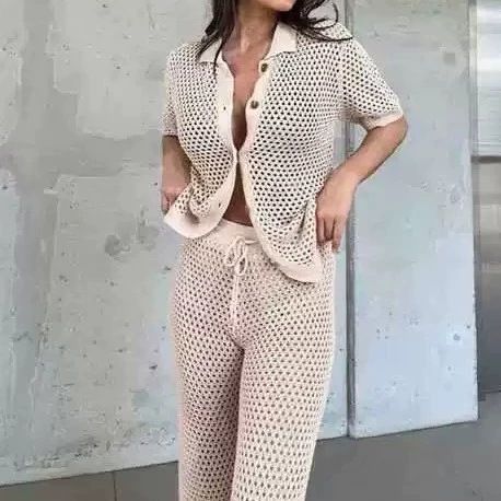 Clair Cross-Border Europäisches und Amerikanisches Sommer-Strandset für Damen, sexy gestrickter Bikini-Pullover in Unifarben mit Lochmuster_voghion.com