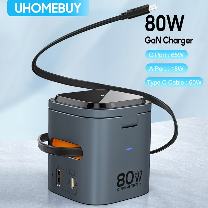 80W 6-in-1 Gan Station draadloze adapter met Type C PD 60W intrekbare oplaadkabel, snelle oplader voor iPhone-laptops_voghion.com