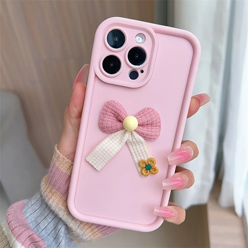 Custodia per telefono in tessuto 3D con fiocco rosa e fiori per iPhone 15, 16, 11, 12, 13, 14 Pro Max, 16E, XS X XR, 7, 8 Plus, SE 2020, in silicone morbido_voghion.com