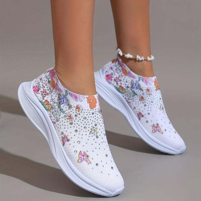 Sneakers slip-on da donna CMY con decorazioni in strass e stampa floreale e a farfalla - Scarpe da corsa traspiranti in maglia_voghion.com