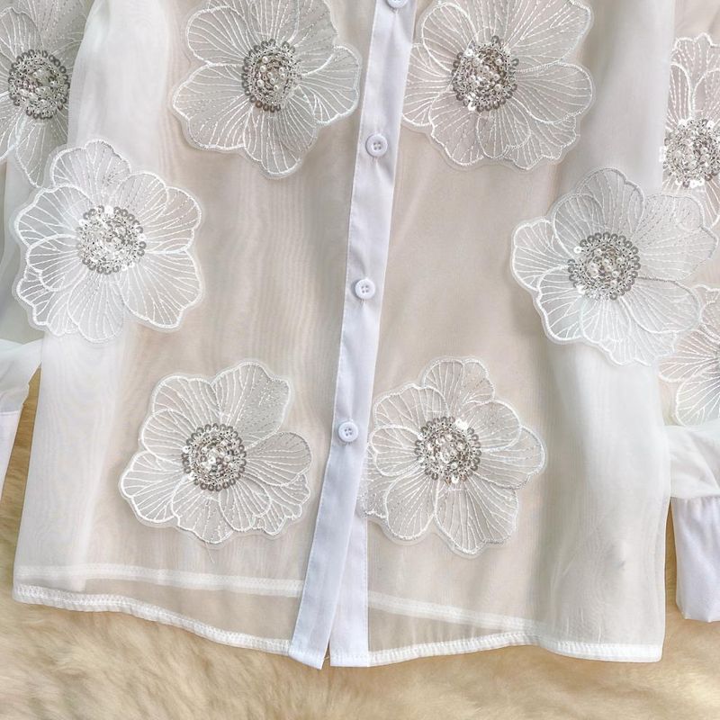 Dammekleeder Western-Stil Perlen-Pailletten-Dräidimensional Blummehemd fir Fraen Fréijoers-Nei-Modell Perspektiv-Mesh Franséisch Top_voghion.com