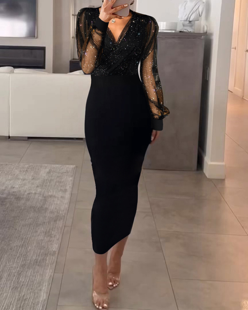 Sexy, transparenter, figurbetonter Midirock mit Netzeinsatz und V-Ausschnitt für Damen_voghion.com