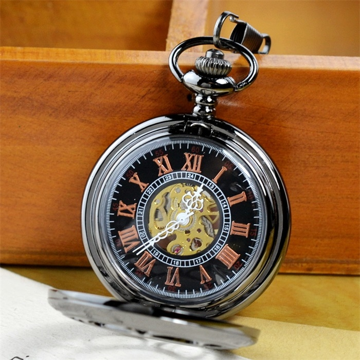 Vintage transparant zakhorloge met holle achterkant clamshell student Heren en dames Mechanisch uurwerk Geromaniseerd handmatig mechanisch herenzakhorloge_voghion.com