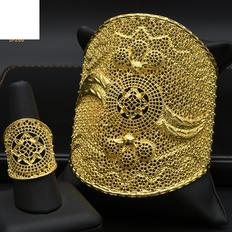Cross-border gold-plated flower bracelet ring set ethnic style hollow copper bead bracelet ring long-lasting and does not fade_voghion.com