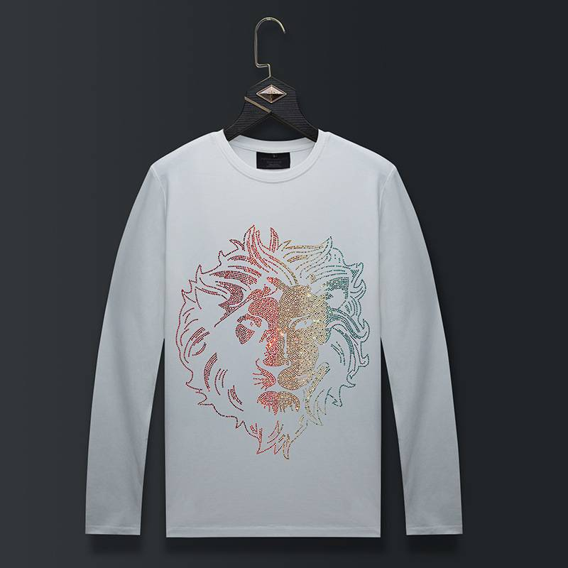 Herrenbekleidung Langärmliges Unterhemd für Herren, Modisches T-Shirt im neuen Herbststil, Oberbekleidung, Elastische Große Herrengröße, Heißer Diamant-Löwenkopf_voghion.com