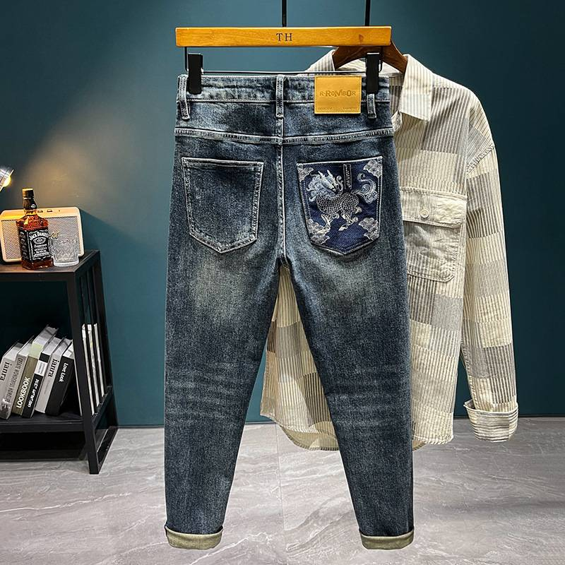 Men's Clothing Embroidery Printed Jeans Men's Autumn New Style Pants Thick Style Trendy Brand Elastic Slim High End Pants_voghion.com