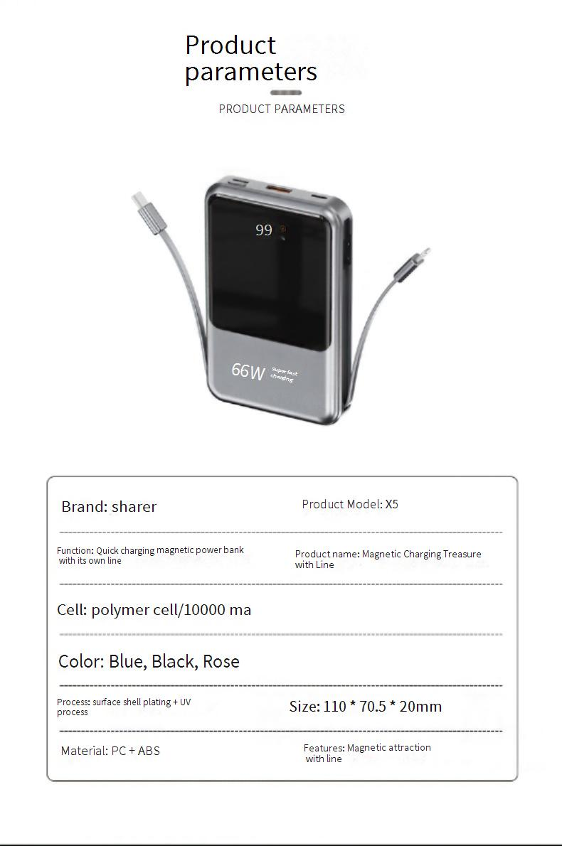 Powerbank med dubbel tråd, magnetisk trådlös laddning, snabbladdning, powerbank med stor kapacitet, 100 000 mAh med inbyggd kabel, powerbank_voghion.com
