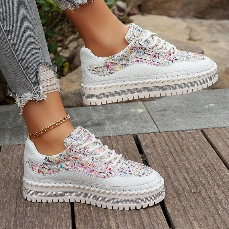 High Quality Fashion Sneakers Women's Artificial PU Splicing Diamond Inlay Top Lace-Up Lace-Up Thick Sole Non-Slip Wear-Resistant Running Shoes 36-45_voghion.com