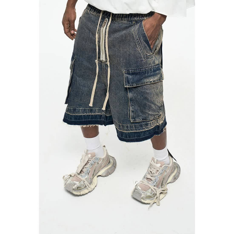 Men's Distressed Cargo Denim Shorts With Drawstring Waist & Multi-Pockets – High Street Style Loose Fit Mid-Length Casual Shorts_voghion.com