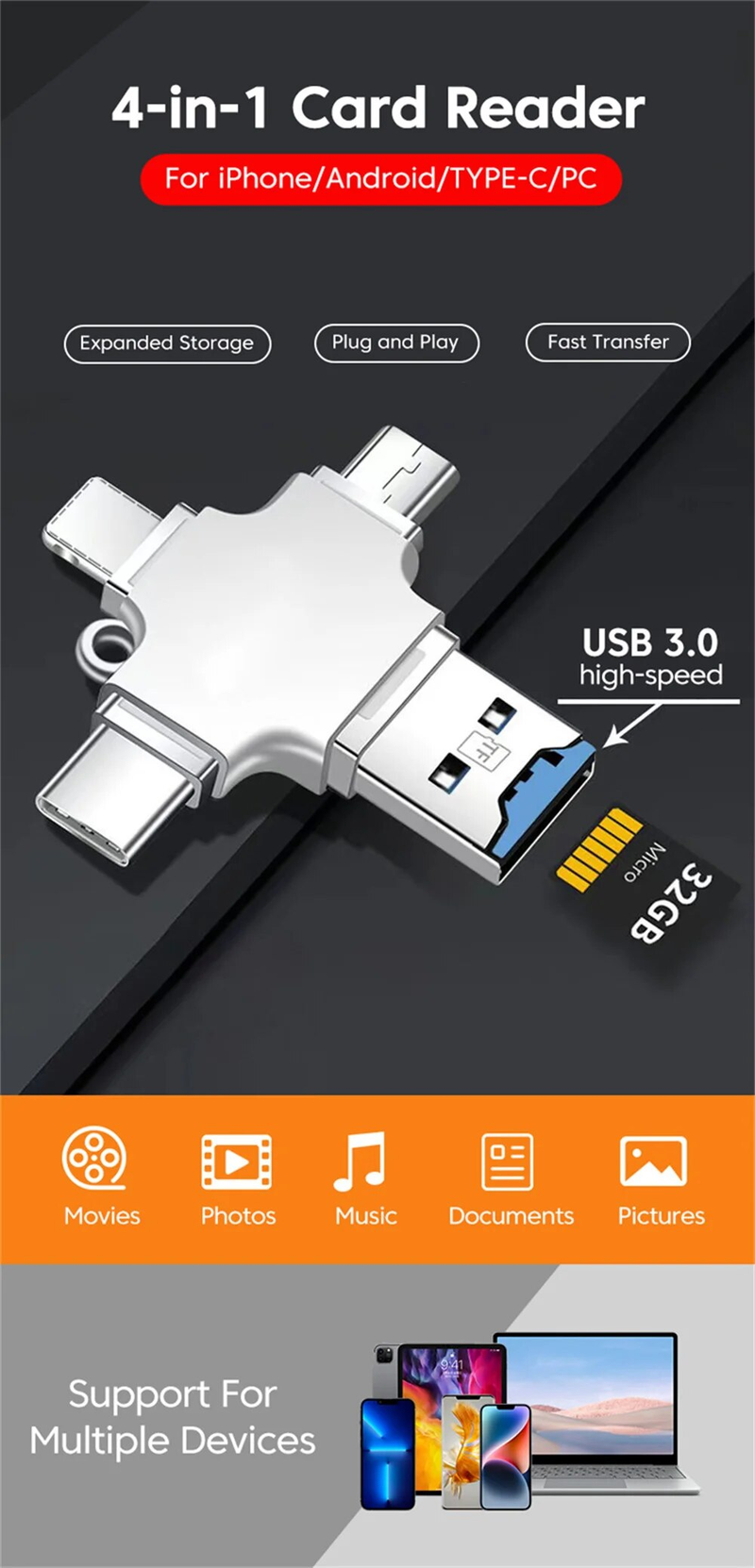 4 in 1 Reader 3.0 Type C -sovitin USB IOS Micro TF Card OTG-muunnin PC IPhone Samsung Xiaomi Huawei_voghion.com