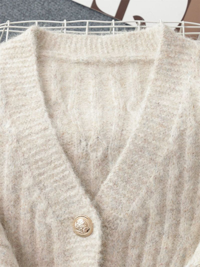 Cardigan vintage in maglia con bottoni dorati – Maglione spesso a maniche lunghe con apertura frontale per donna (grigio scuro, beige, marrone)_voghion.com