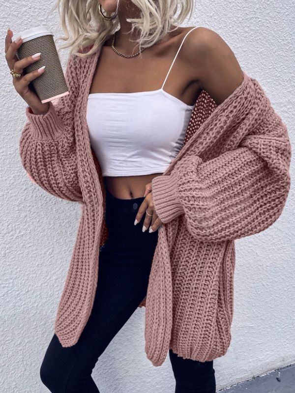 Women's Clothing Fashion Knitted Cardigan Temperament V Neck Solid Color Long Sleeved Sweater Jacket_voghion.com