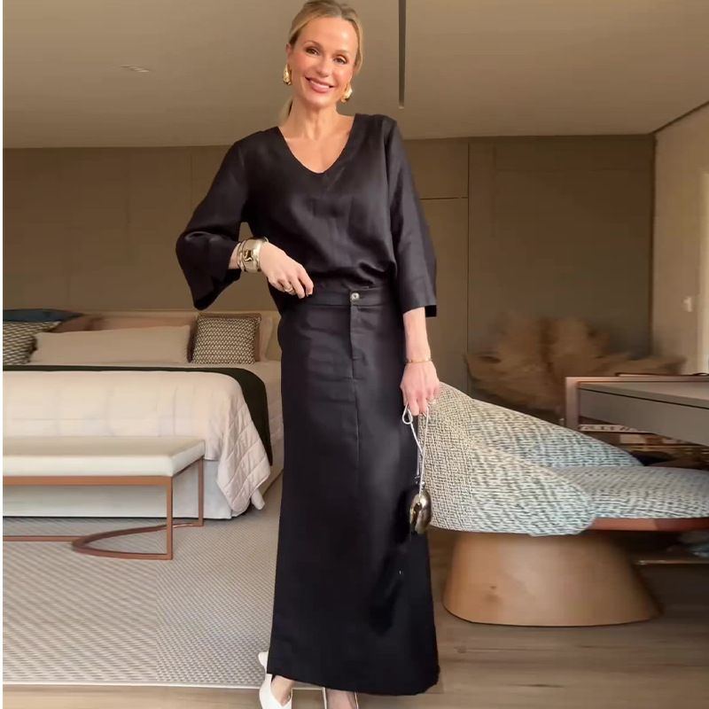 Vêtements pour femmes, couleur unie, simple, style décontracté, jupe, tempérament, costume deux pièces_voghion.com