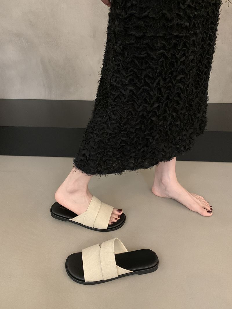 Niche Design Linen Square Head Open Toe Flat Slippers For Women Summer Wear Fairy Style Seaside Vacation Beach Sandals_voghion.com