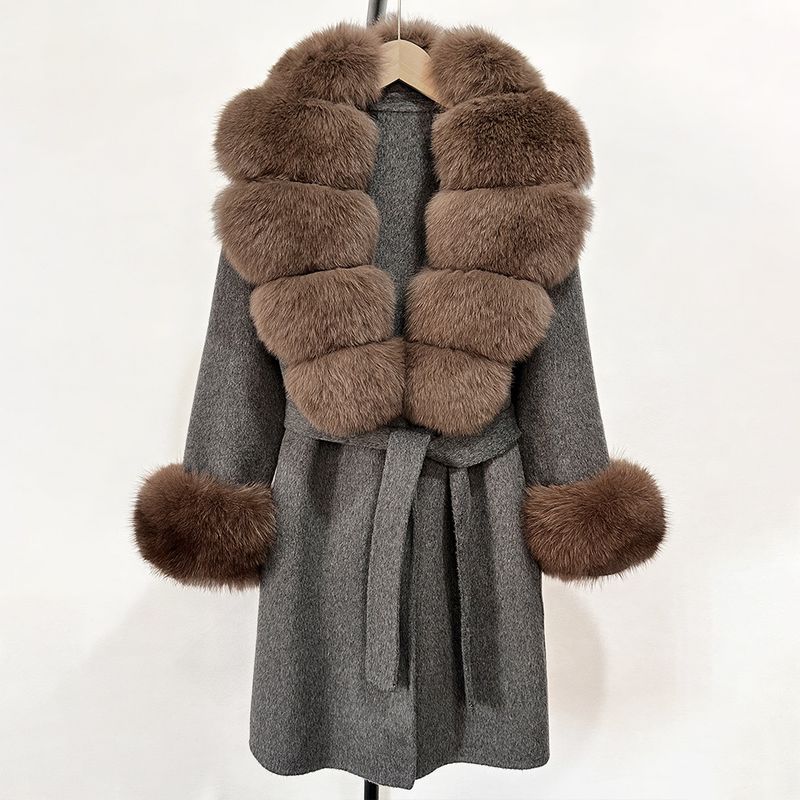 Women's Long Wool & Cashmere Coat With Real Fox Fur Collar - Double-Faced Winter Trench Coat, Slim Fit Belted Dressy Outerwear, Elegant Overcoat (S/M)_voghion.com