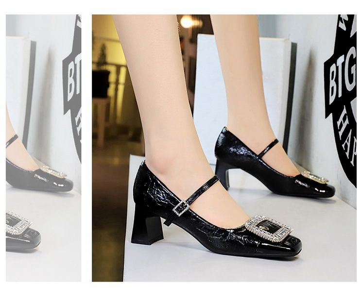 5298-K32 Scarpe da banchetto da donna con tacco medio grosso, punta quadrata, cinturino con fibbia in metallo con diamanti e bocca leggera, con blocchi di colore_voghion.com