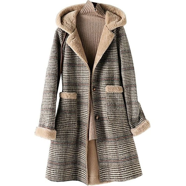 Damenbekleidung: Neue Winterkleidung für Damen, einteiliger, karierter Wollpelzmantel und dicker Samt, warm, mittellang, mit Kapuze_voghion.com