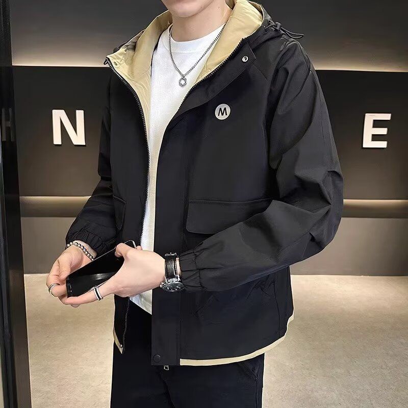 New Youth Spring and Autumn Casual Jacket Men's Hooded Jacket Men's Loose Splicing Waterproof Stormtrooper_voghion.com