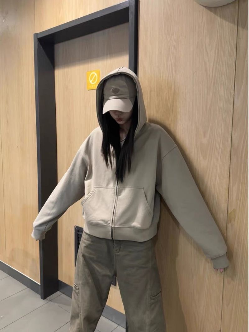 Herrenbekleidung Unisex Casual Kapuzenpullover - Kurzärmlige Reißverschlussjacke mit entspannter Passform in Unifarben (Grau, Schwarz, Beige) für Männer und Frauen_voghion.com