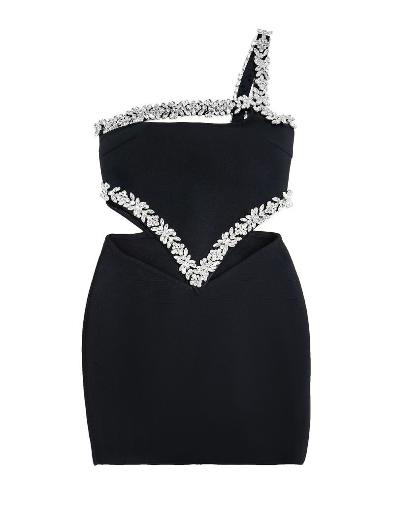 Elegante abito nero con fasciatura e dettagli in strass - Abito corto aderente senza maniche per le donne_voghion.com