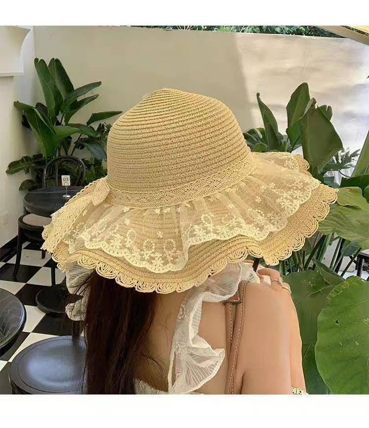 Sommer Strand Outdoor Stroh mit Spitze Bowknot Sonnenschutz UV-Schutz Hut für Frauen_voghion.com