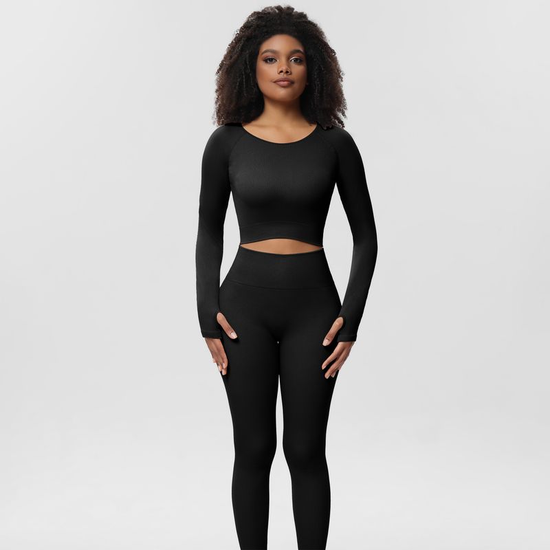 Yogatøj Efterårsdragt Sømløse yogabukser sportstoppe yogatop lange ærmer tredelt fitnesstøj_voghion.com