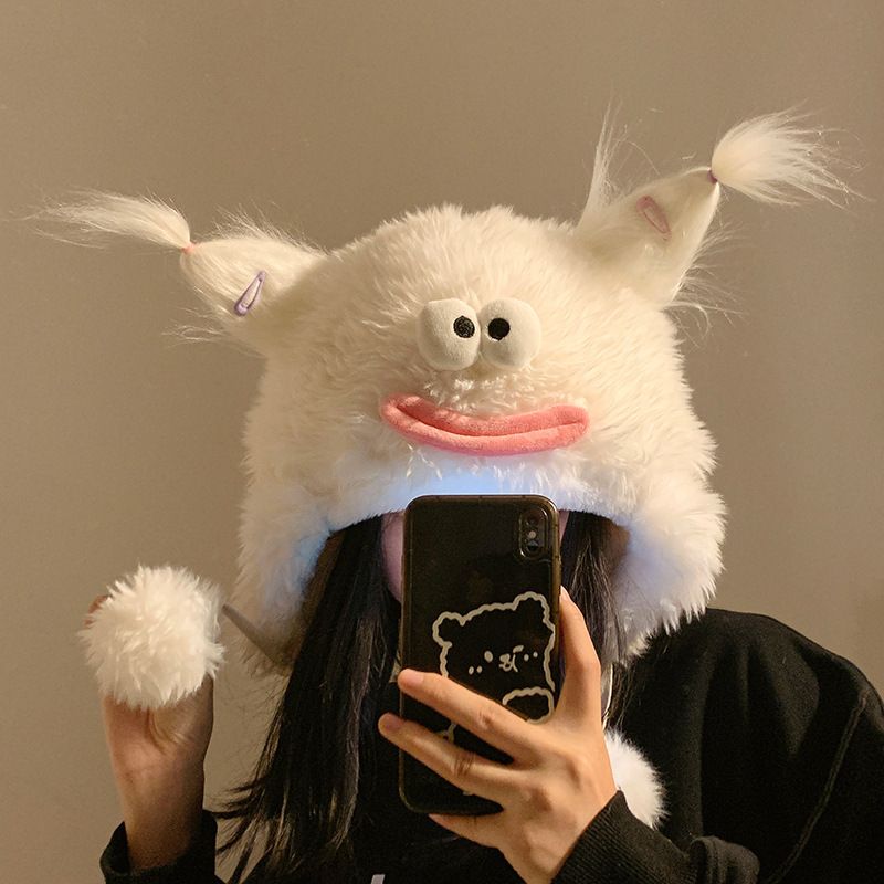 Litet monster kvinnors roliga söta stickade plysch i höst och vinter Visa litet ansikte, förtjockat öronskydd_voghion.com