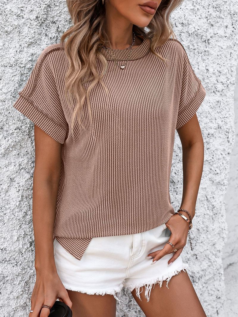 T-shirt da donna a maniche corte con scollo rotondo e vestibilità ampia, con motivo a righe intrecciate e cuciture a vista - Tessuto in maglia di misto cotone traspirante per abbigliamento casual da strada_voghion.com