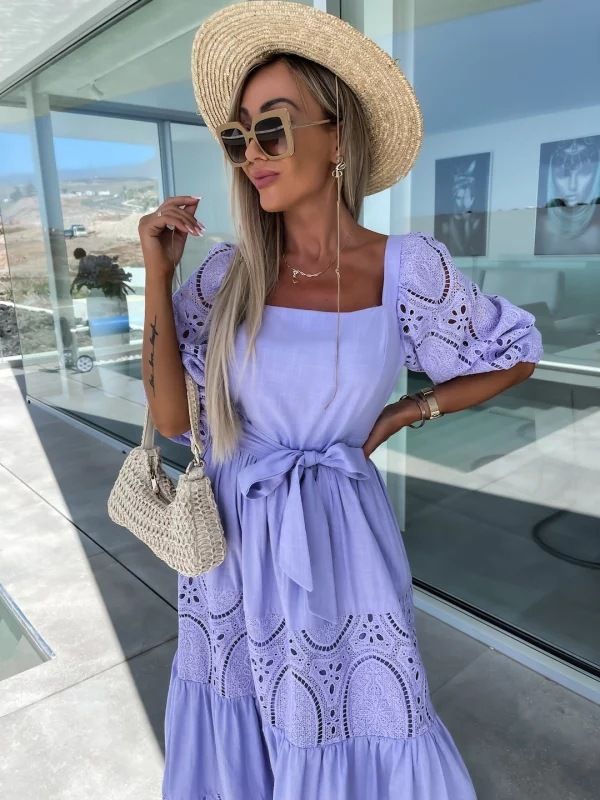 2024 verkäufe Neue Spitze Patchwork INS Casual Lose Taille Binden Up Kleid Für Frauen_voghion.com