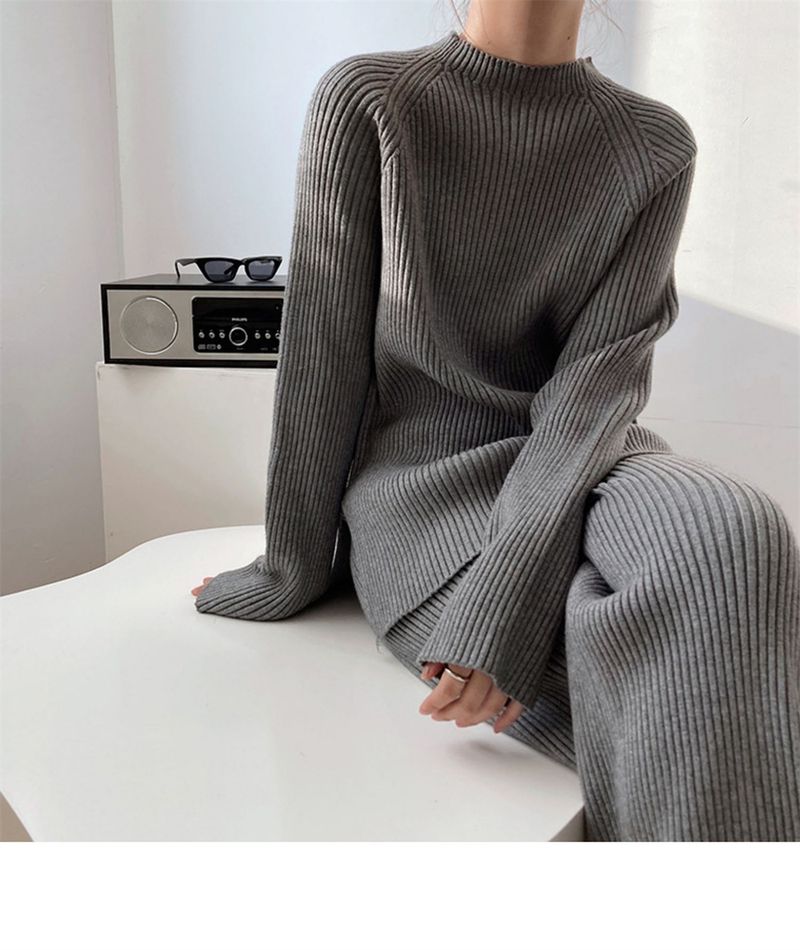 Completo elegante con maglione invernale da donna: pullover ampio in maglia e pantaloni a gamba larga (colori a tinta unita, taglia unica)_voghion.com