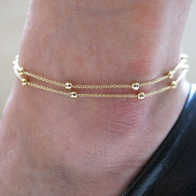 Double Layer Chain Beaded Foot Jewelry Round Bead Anklet Women's Accessories_voghion.com
