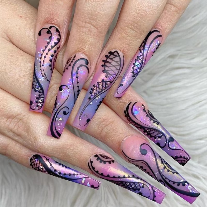 24Pcs Ballerina Lange Nägel Set Drücken Sie Auf Tragbare Künstliche Falsche Nägel Mit Kleber Rosen Muster Designs Gefälschte Na_voghion.com