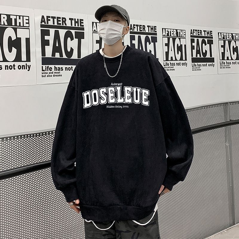 Novo moletom com capuz de camurça para meninos na primavera e no outono, roupas casuais soltas, casaco de base de manga comprida com gola redonda, jaqueta_voghion.com