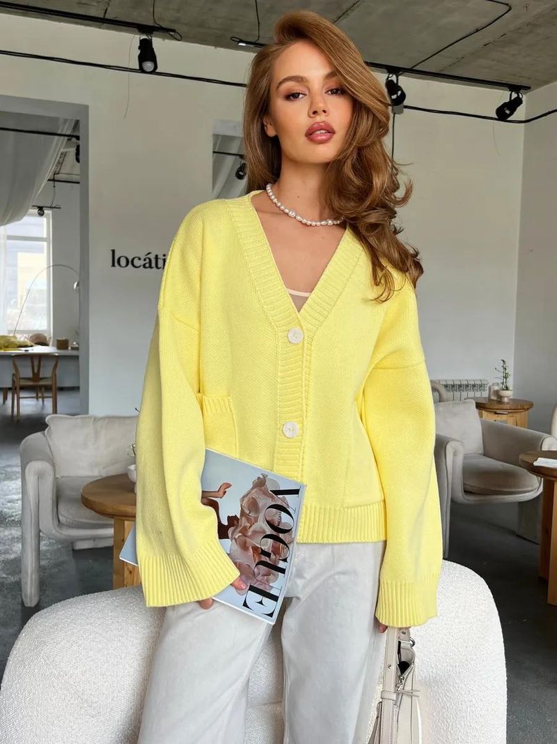 Cardigan en tricot à col en V et poches pour femme - Pull oversize doux et confortable pour l'automne et l'hiver, élégant, coupe ample, décontracté, manches longues, ouvert sur le devant_voghion.com