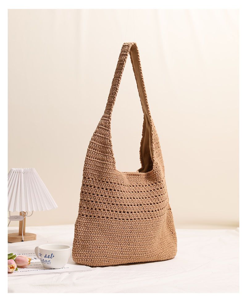 Borsa di paglia Borsa intrecciata Semplice Grande capacità Borsa intrecciata in cotone Borsa a tracolla cava da donna Borsa da spiaggia per le vacanze Borsa di paglia alla moda_voghion.com