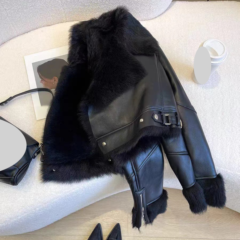 Damen Kleeder Schwaarz Pelzmantel Fraen Short Wanter New Déck Warm Motorradjacket Tops_voghion.com