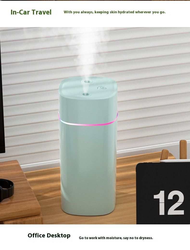 Luftbefeuchter mit zwei Düsen – USB-/Auto-betriebener tragbarer Luftbefeuchter mit 2 Sprühstößen für Zuhause und unterwegs (500 ml – 1 l Fassungsvermögen, 10–20 m² Abdeckung, 36 dB leise)_voghion.com