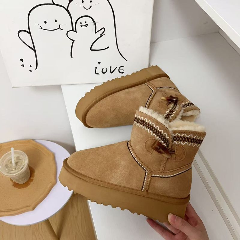 Winter New Short Boots Cowhide Snow Boots Women's Shoes Cow Horn Button Embroidery Thick Sole Warm And Non Slip Thick Snow Boots_voghion.com