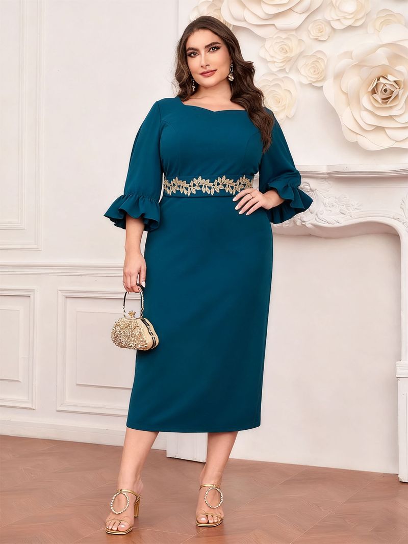 Elegant Plus Size Belted Midi Dress - Navy Blue Wrap Dress With Button/Flounce Details (XL-5XL)_voghion.com