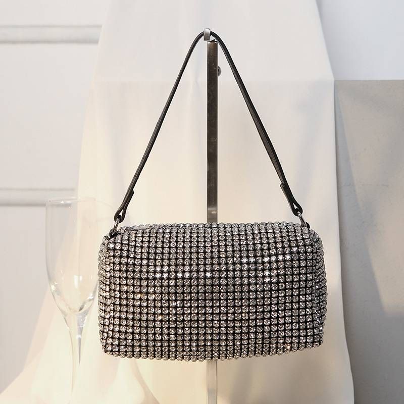 Borsa da sera glamour tempestata di cristalli con catena staccabile, mini tracolla scintillante per feste e occasioni speciali_voghion.com