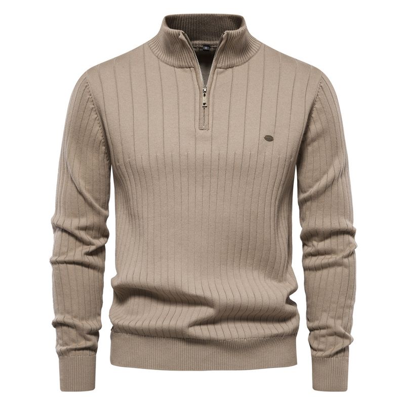Stand-up Kraang Kotteng Casual Hallefverschluss Einfarweg Pullover héichwäerteg Männer gestrickt Pullover_voghion.com