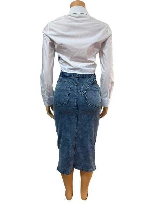 Dameklær denim skjøting todelt langermet skjorte dongeri splitt kjole todelt dress_voghion.com