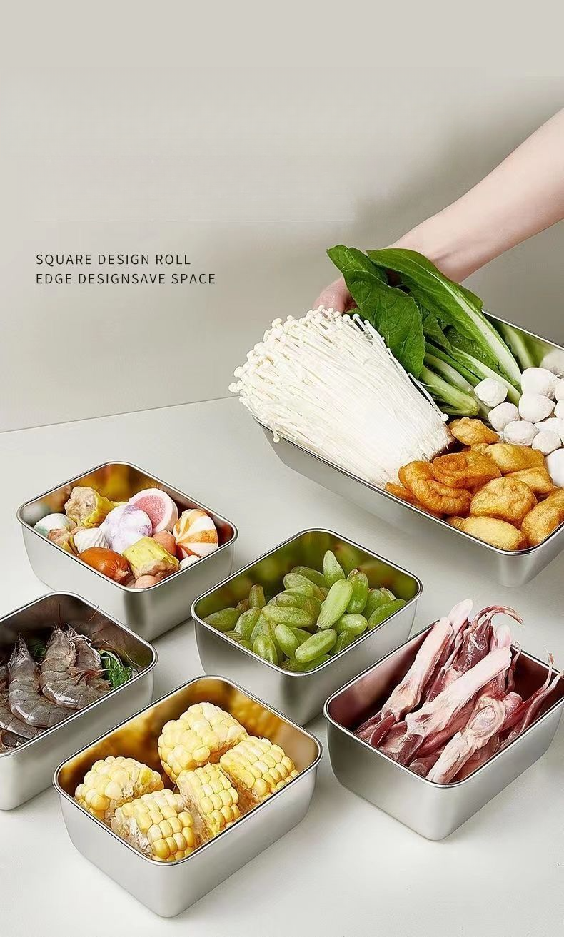 Stainless Steel Food Storage Container Small Square Kitchen Basin Luncheon Meat With Lid Freezing Divider Box Frozen_voghion.com
