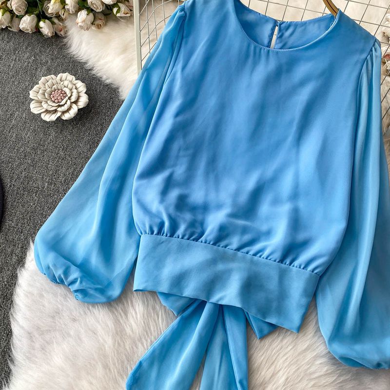 Zachte blauwe getailleerde top met pofmouwen + hoge taille slanke kanten cakerok, tweedelige set_voghion.com