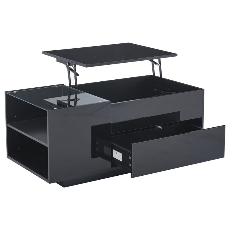 Table basse réglable en hauteur 95 x 48 x 42 cm avec rangement dissimulé, éclairage LED, tiroir et prise de courant - Table d'appoint de salon noire_voghion.com