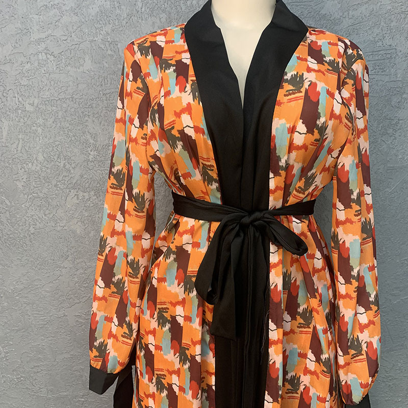 Women's digital printed suit with cape and robe paired with printed loose wide-leg pants and trousers with belt_voghion.com