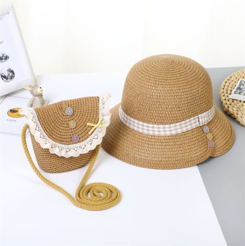 Kinder mädchen neue stroh hut tasche set, sonnenhut, sommer prinzessin knopf zubehör, strand sandalen_voghion.com